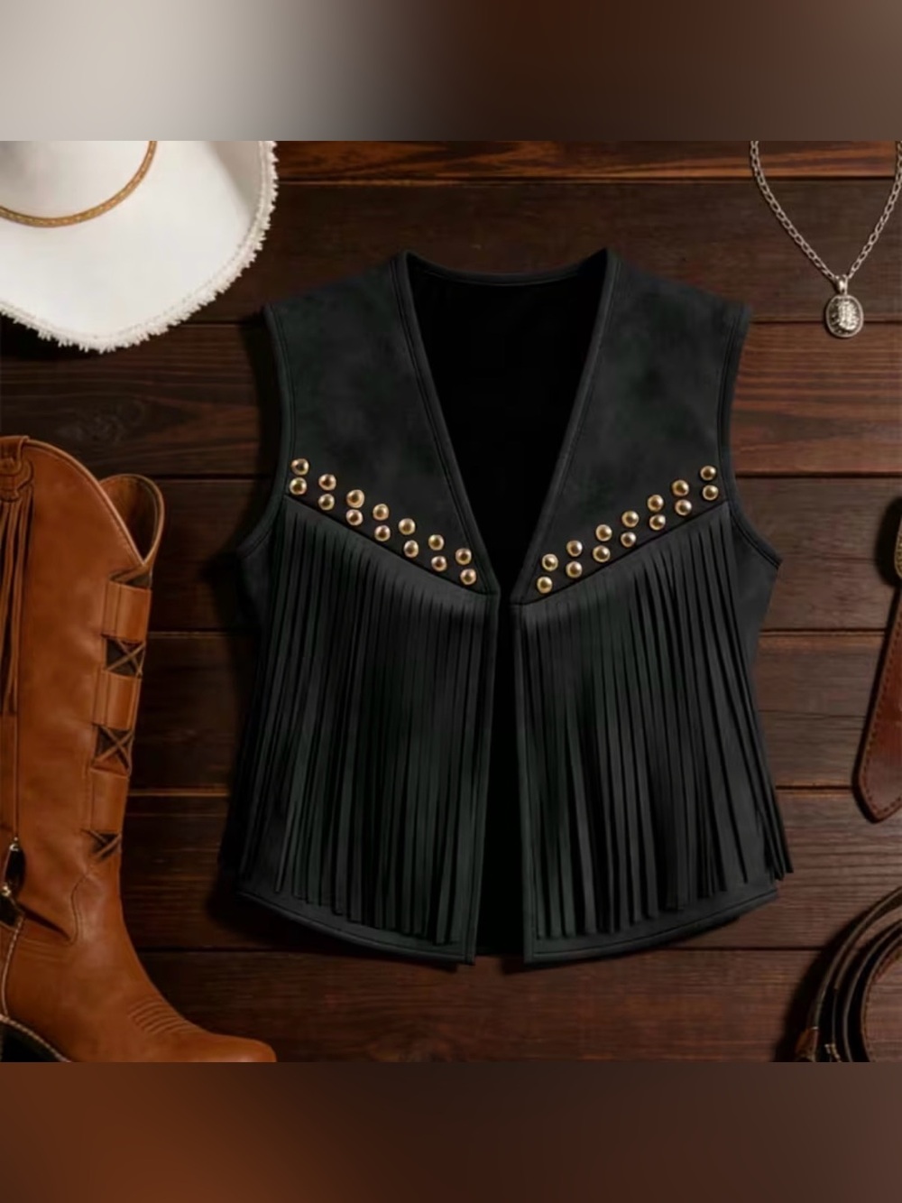 Black Fringe Studded V-Neck Women's Vest Western Faux Suede Vest